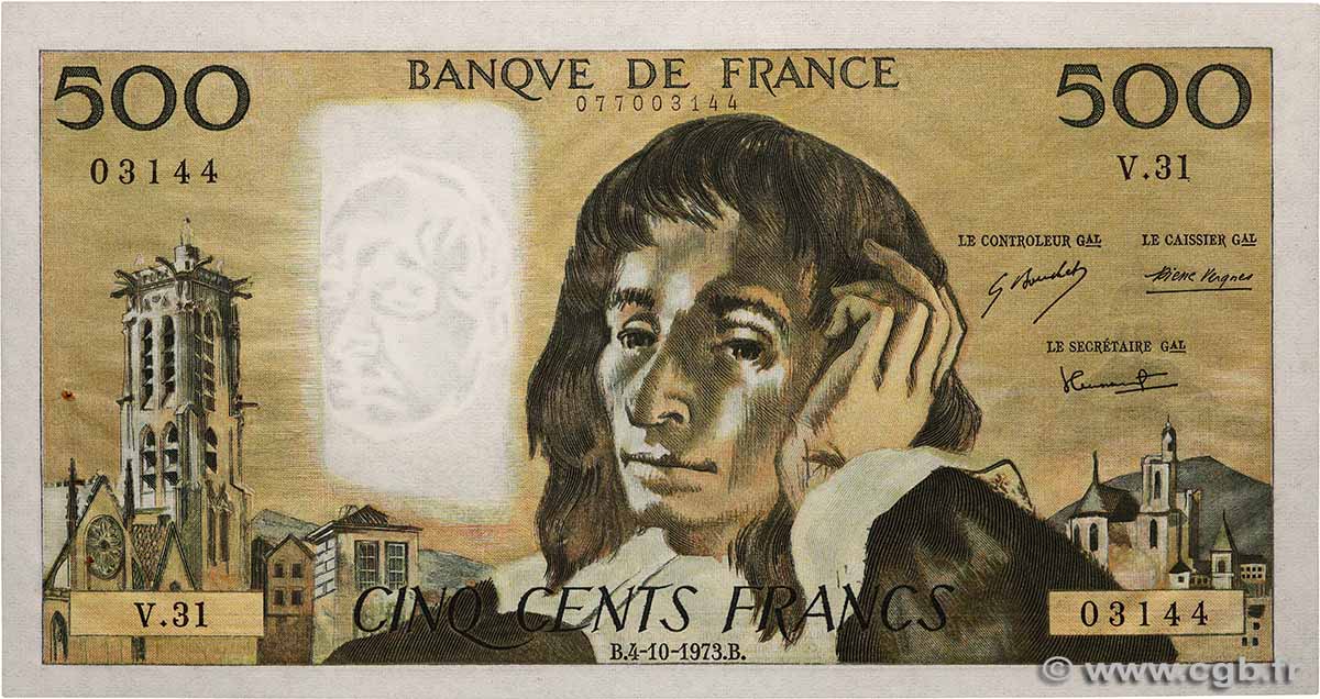 500 Francs PASCAL FRANKREICH 1973 F.71.09 fST