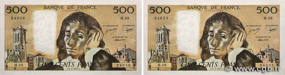 500 Francs PASCAL Lot FRANKREICH 1977 F.71.16 fST+