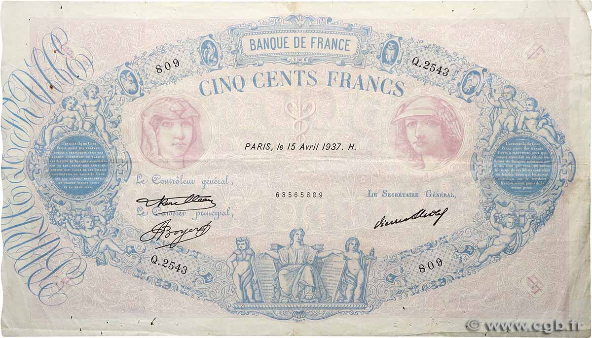 500 Francs BLEU ET ROSE FRANKREICH 1937 F.30.38 fSS
