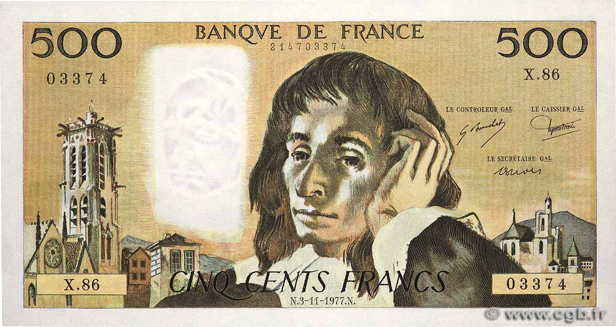 500 Francs PASCAL FRANCE 1977 F.71.17 UNC-