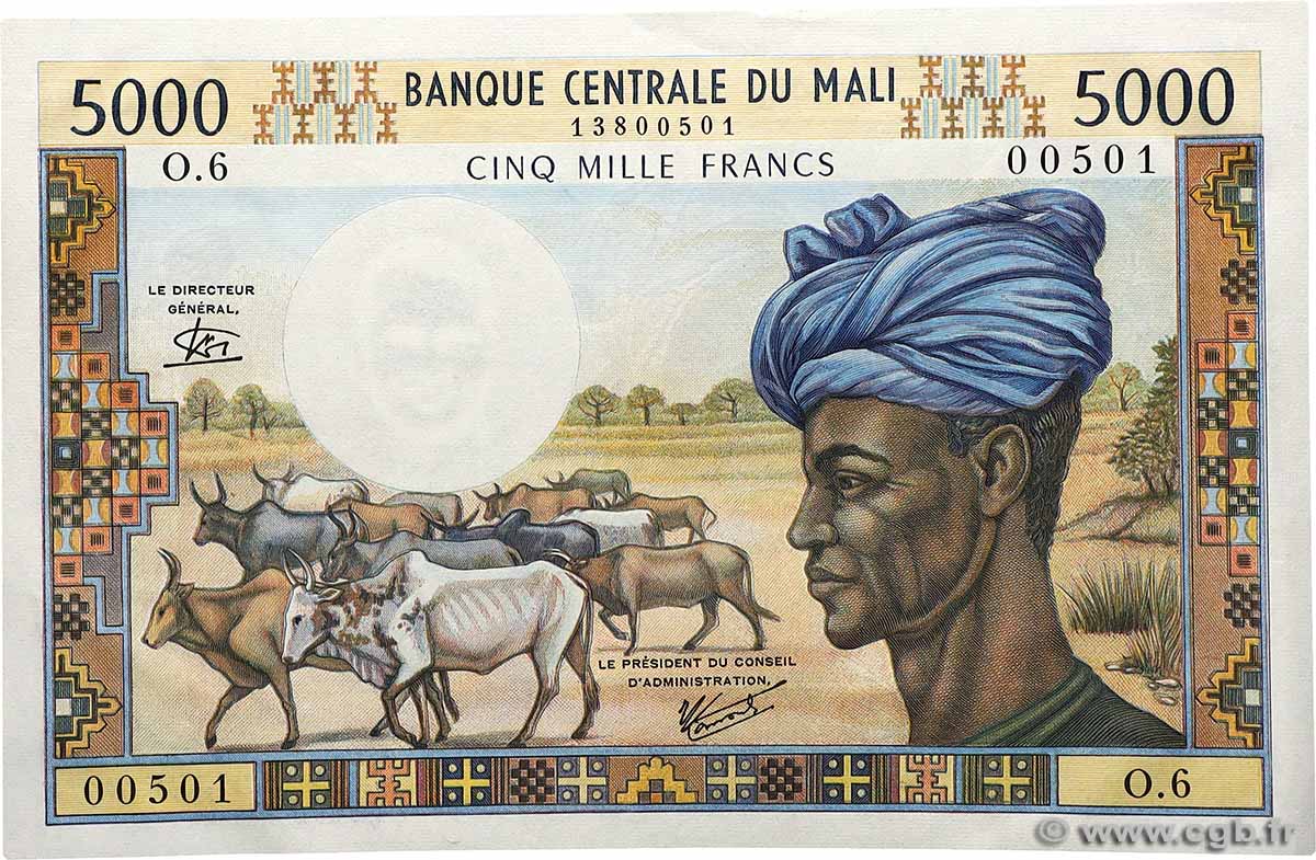 5000 Francs MALI 1973 P.14e fST+