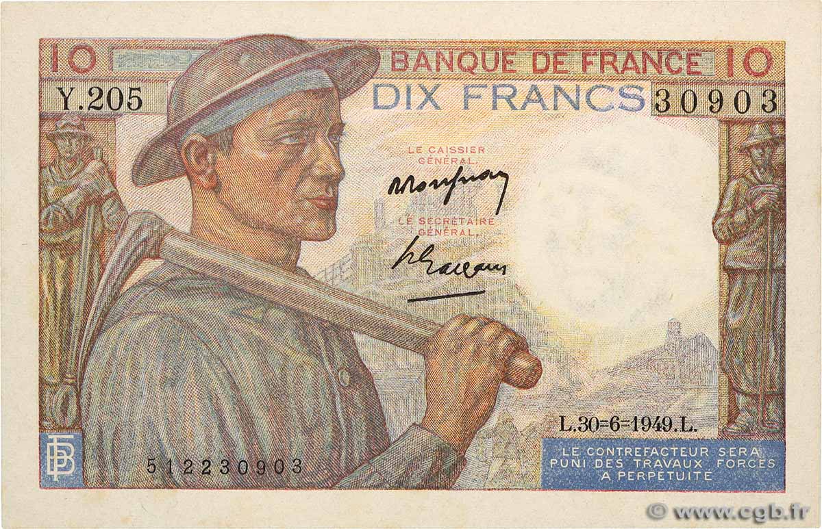10 Francs MINEUR FRANCIA 1949 F.08.22 SC+