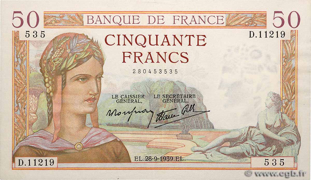 50 Francs CÉRÈS modifié FRANCIA 1939 F.18.32 SPL