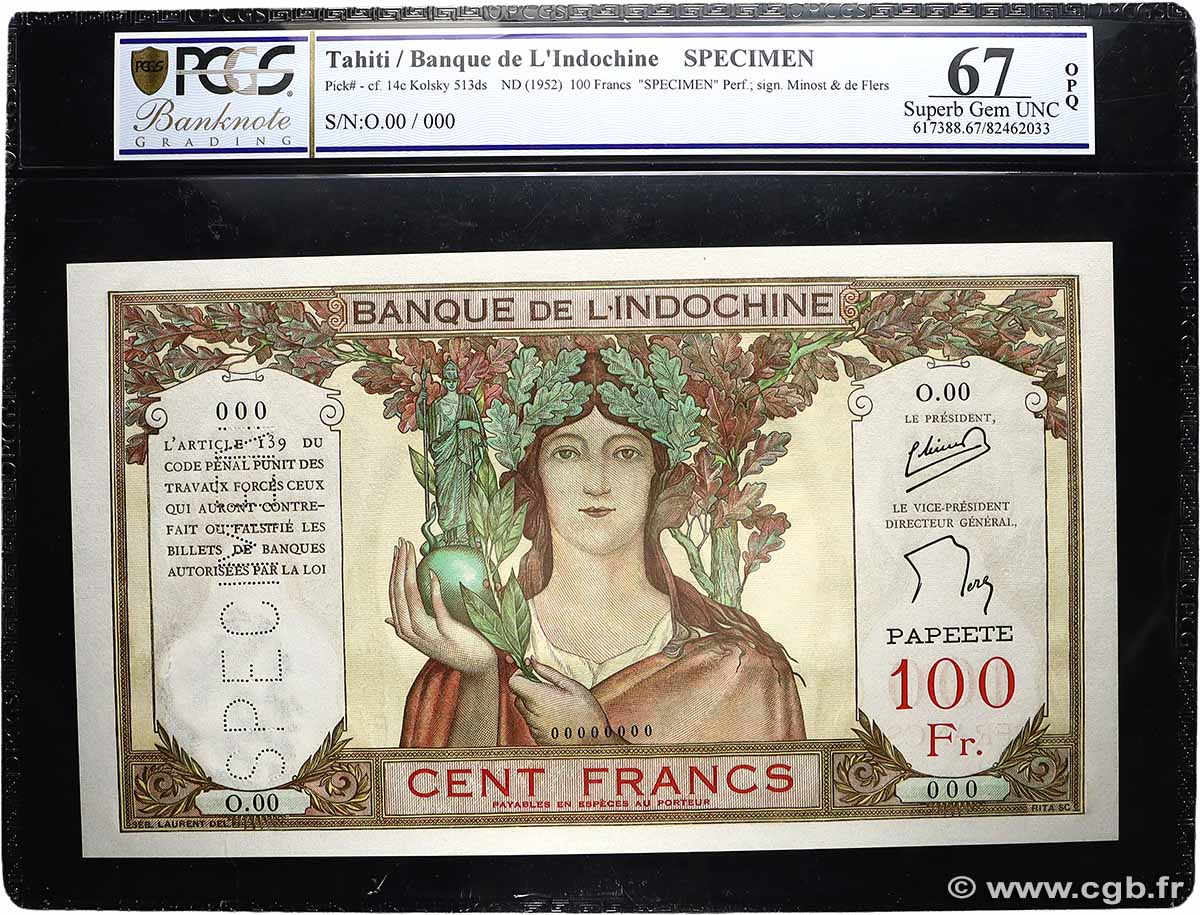 100 Francs Spécimen TAHITI 1956 P.14cs UNC