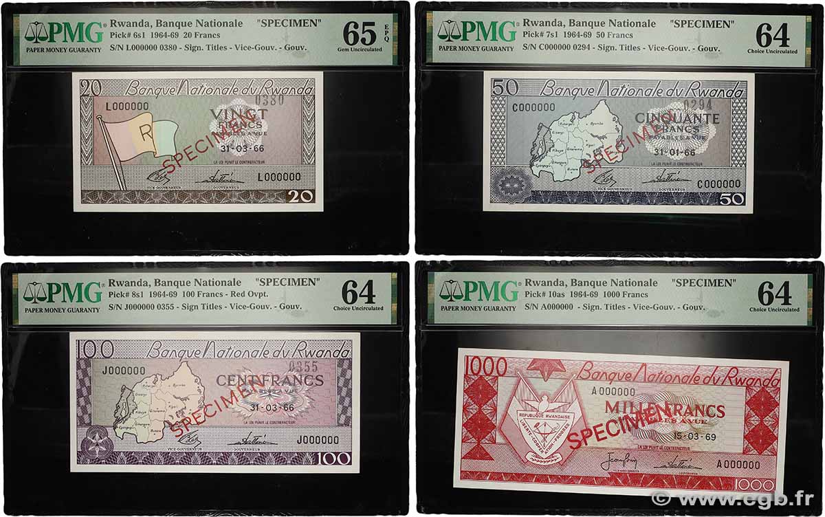 20, 50, 100 et 1000 Francs Spécimen RUANDA 1966 P.06s1, P.07s1, P.08s1 et P.10s2 fST+