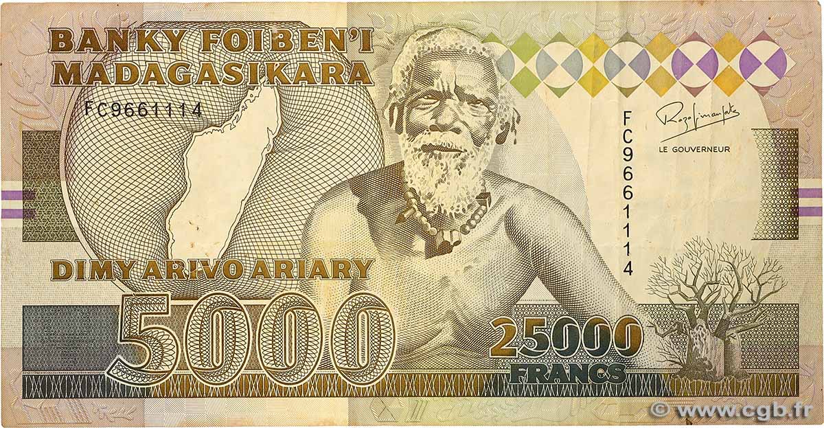 25000 Francs - 5000 Ariary MADAGASCAR 1993 P.074Aa VF-