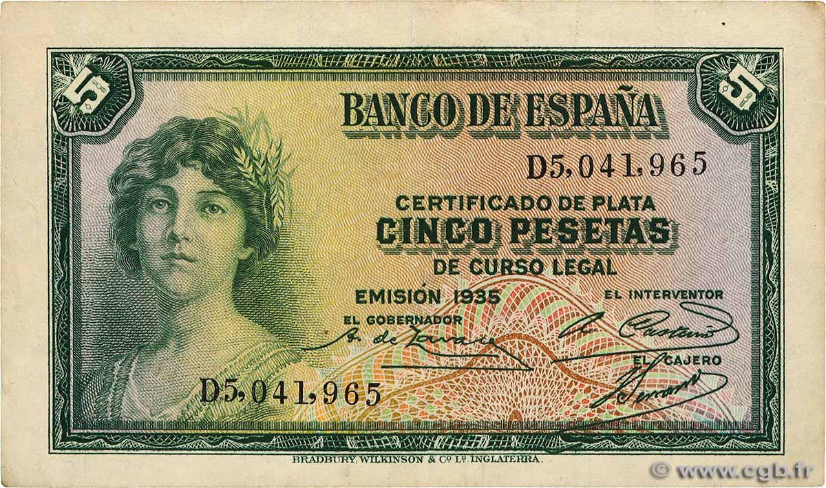 5 Pesetas SPANIEN 1935 P.085a VZ to fST