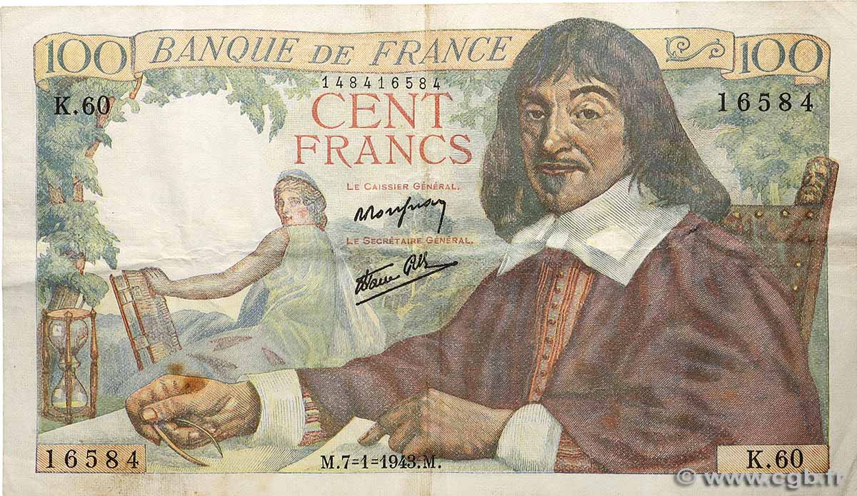 100 Francs DESCARTES FRANKREICH 1943 F.27.03 fSS