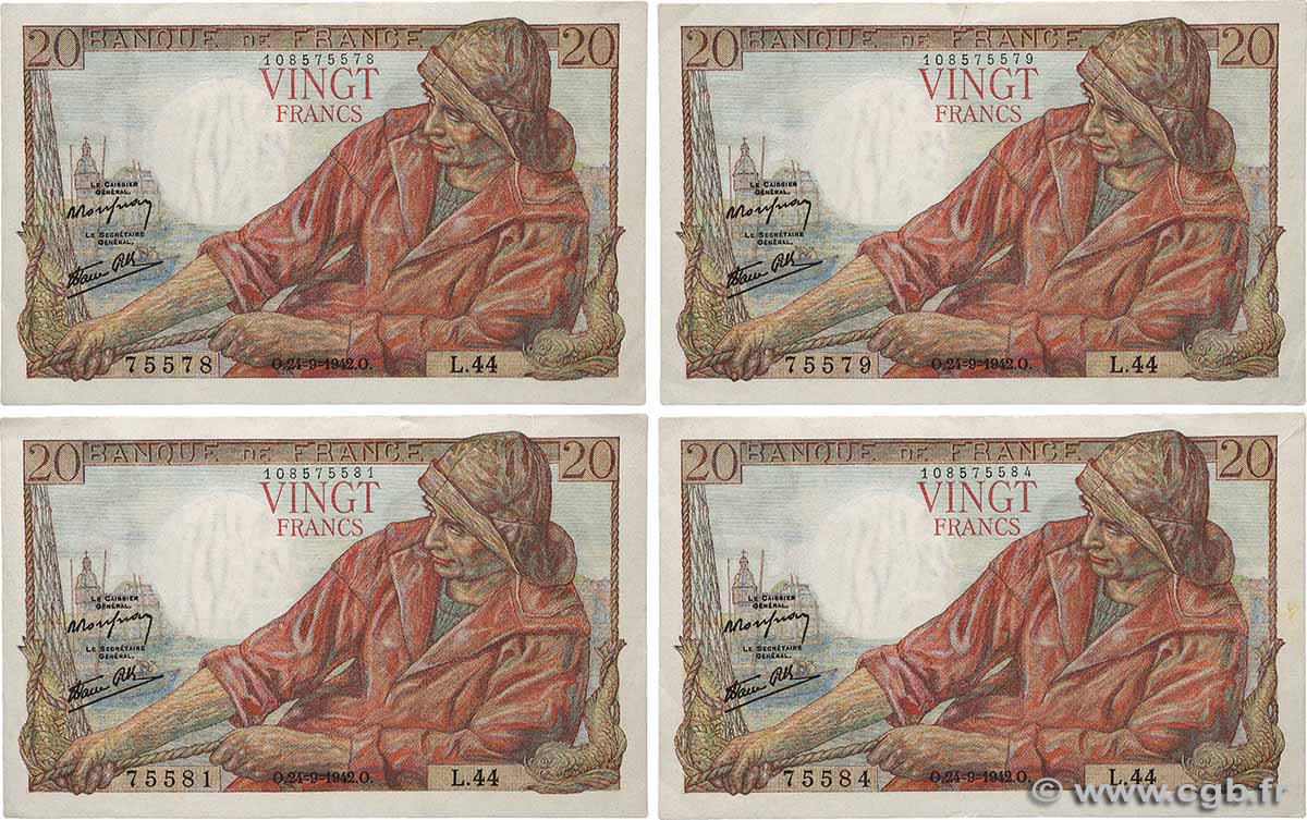 20 Francs PÊCHEUR Lot FRANCIA 1942 F.13.03 SPL