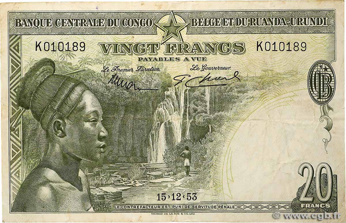 20 Francs BELGIAN CONGO 1953 P.26 VF