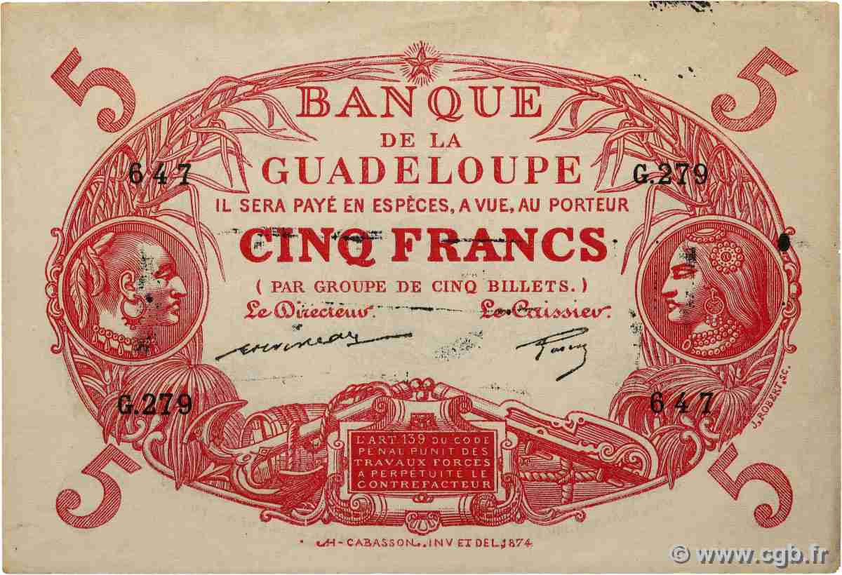 5 Francs Cabasson rouge GUADELOUPE 1944 P.07d fVZ