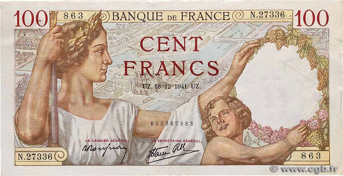 100 Francs SULLY FRANKREICH 1941 F.26.63 fVZ