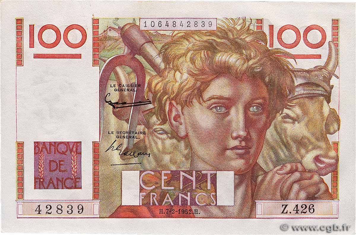 100 Francs JEUNE PAYSAN FRANKREICH 1952 F.28.31 fST+