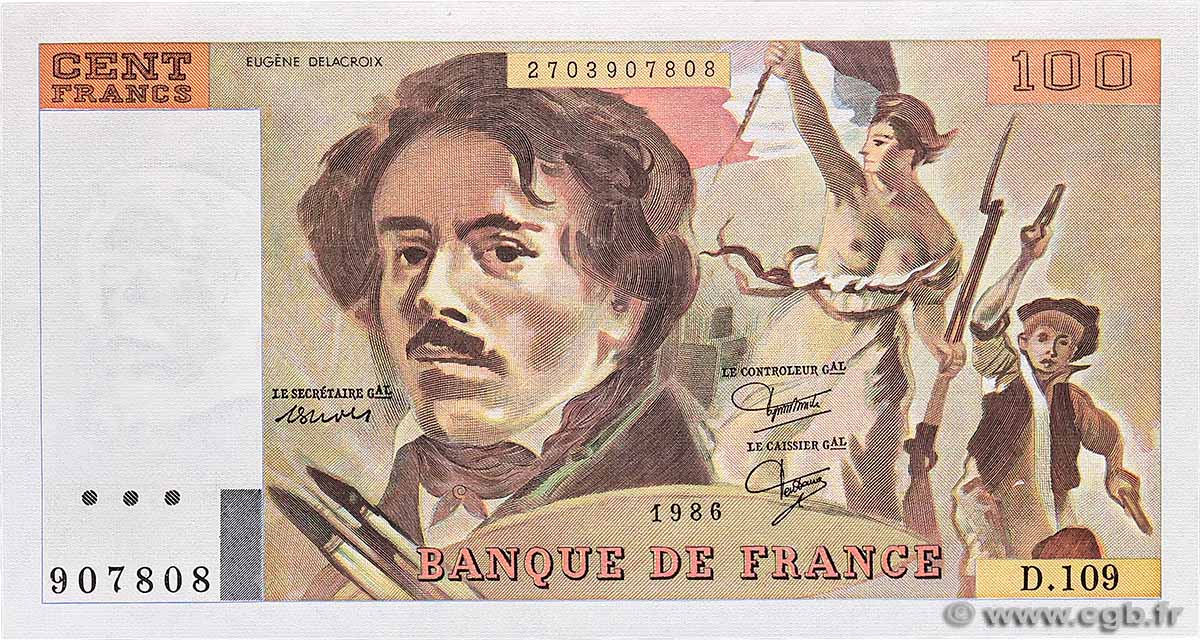 100 Francs DELACROIX modifié FRANKREICH 1986 F.69.10 fST+