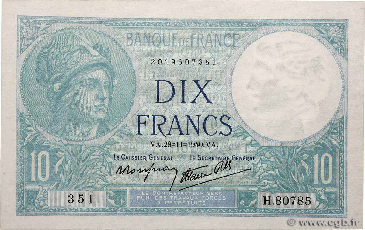 10 Francs MINERVE modifié FRANKREICH 1940 F.07.22 fST+