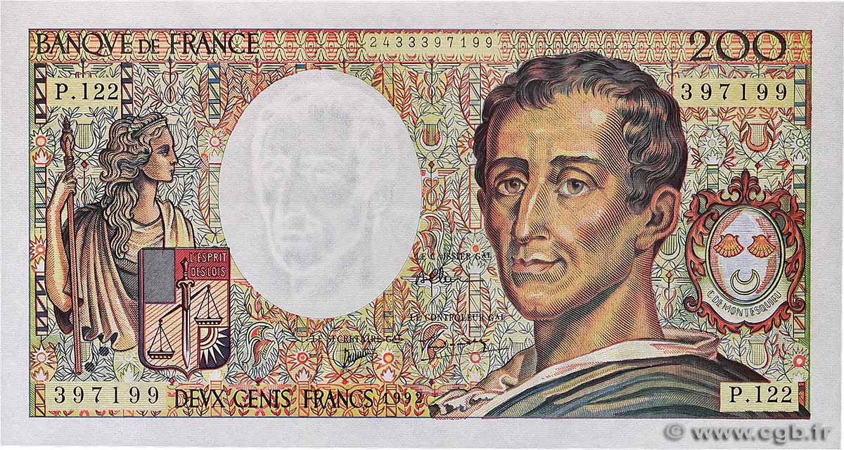 200 Francs MONTESQUIEU FRANKREICH 1992 F.70.12b VZ