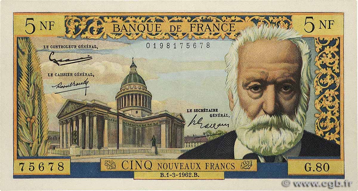 5 Nouveaux Francs VICTOR HUGO FRANCE 1962 F.56.11 XF