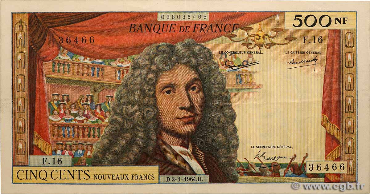 500 Nouveaux Francs MOLIÈRE FRANKREICH 1964 F.60.06 fVZ
