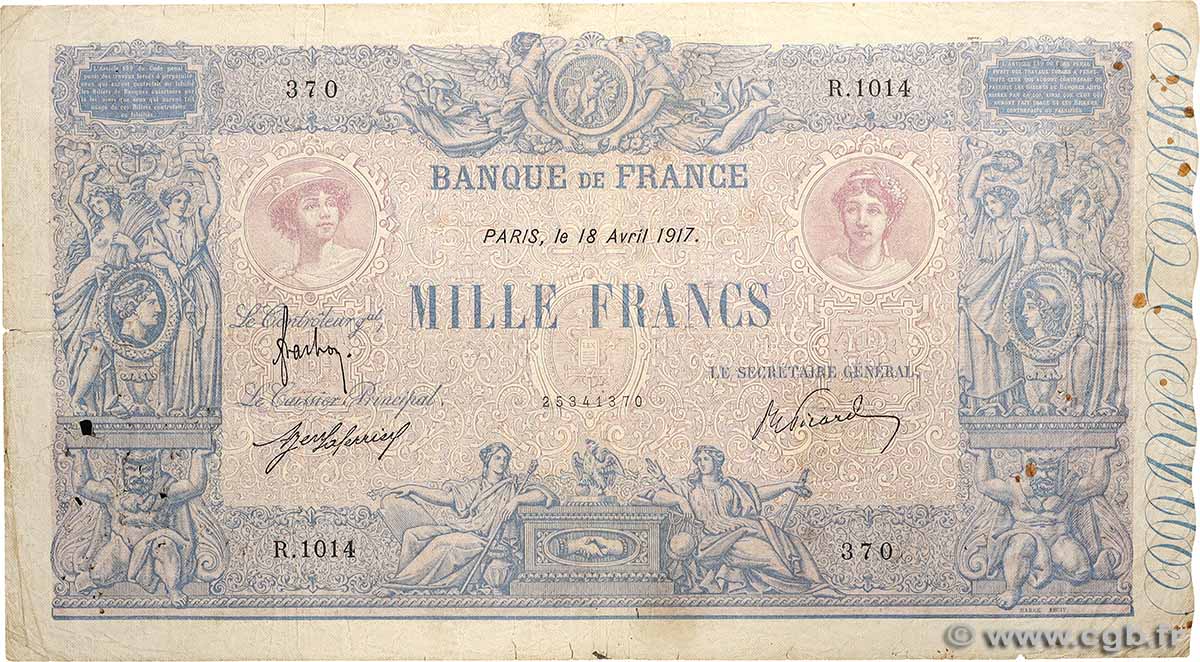 1000 Francs BLEU ET ROSE FRANCE 1917 F.36.31 B