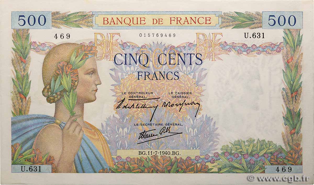 500 Francs LA PAIX FRANKREICH 1940 F.32.04 fST