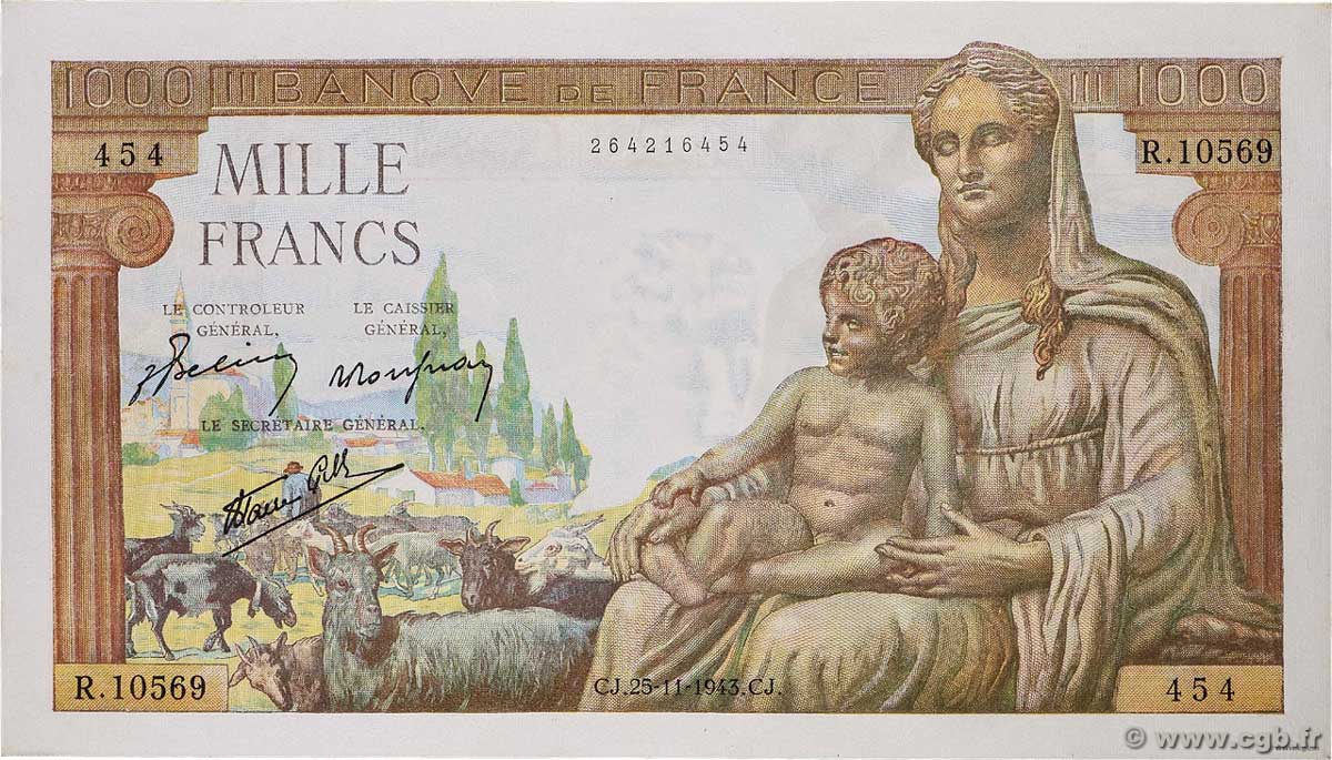 1000 Francs DÉESSE DÉMÉTER FRANCIA 1943 F.40.41 SC+