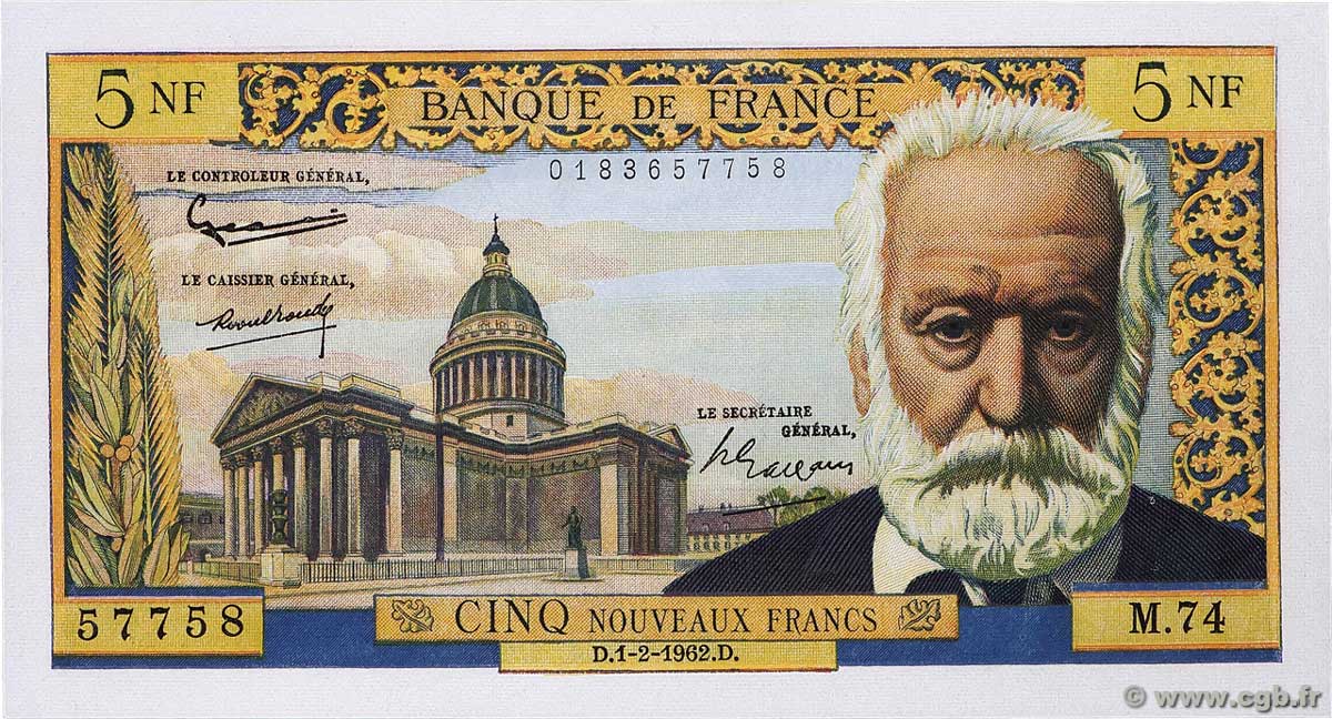 5 Nouveaux Francs VICTOR HUGO FRANCIA 1962 F.56.10 SPL+