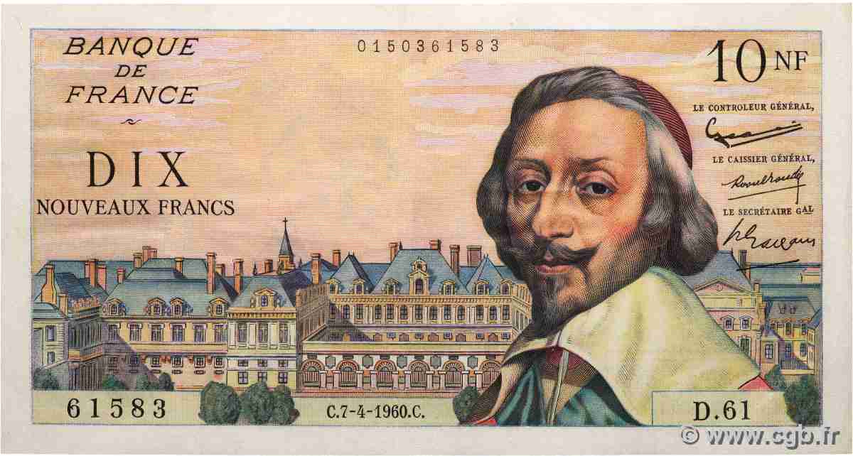 10 Nouveaux Francs RICHELIEU FRANKREICH 1960 F.57.06 fVZ