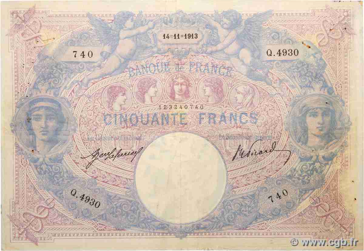 50 Francs BLEU ET ROSE FRANCE 1913 F.14.26 VF