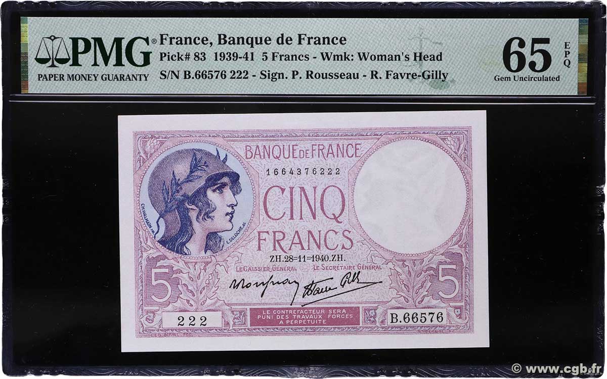 5 Francs FEMME CASQUÉE modifié Numéro spécial FRANCE 1940 F.04.15 UNC
