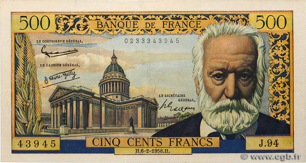 500 Francs VICTOR HUGO FRANKREICH 1958 F.35.08 fVZ