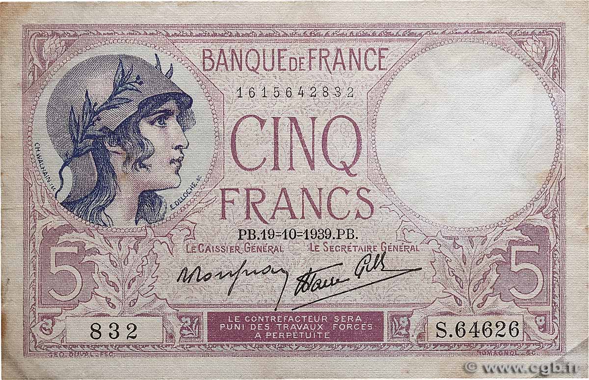 5 Francs FEMME CASQUÉE modifié FRANKREICH 1939 F.04.12 fS