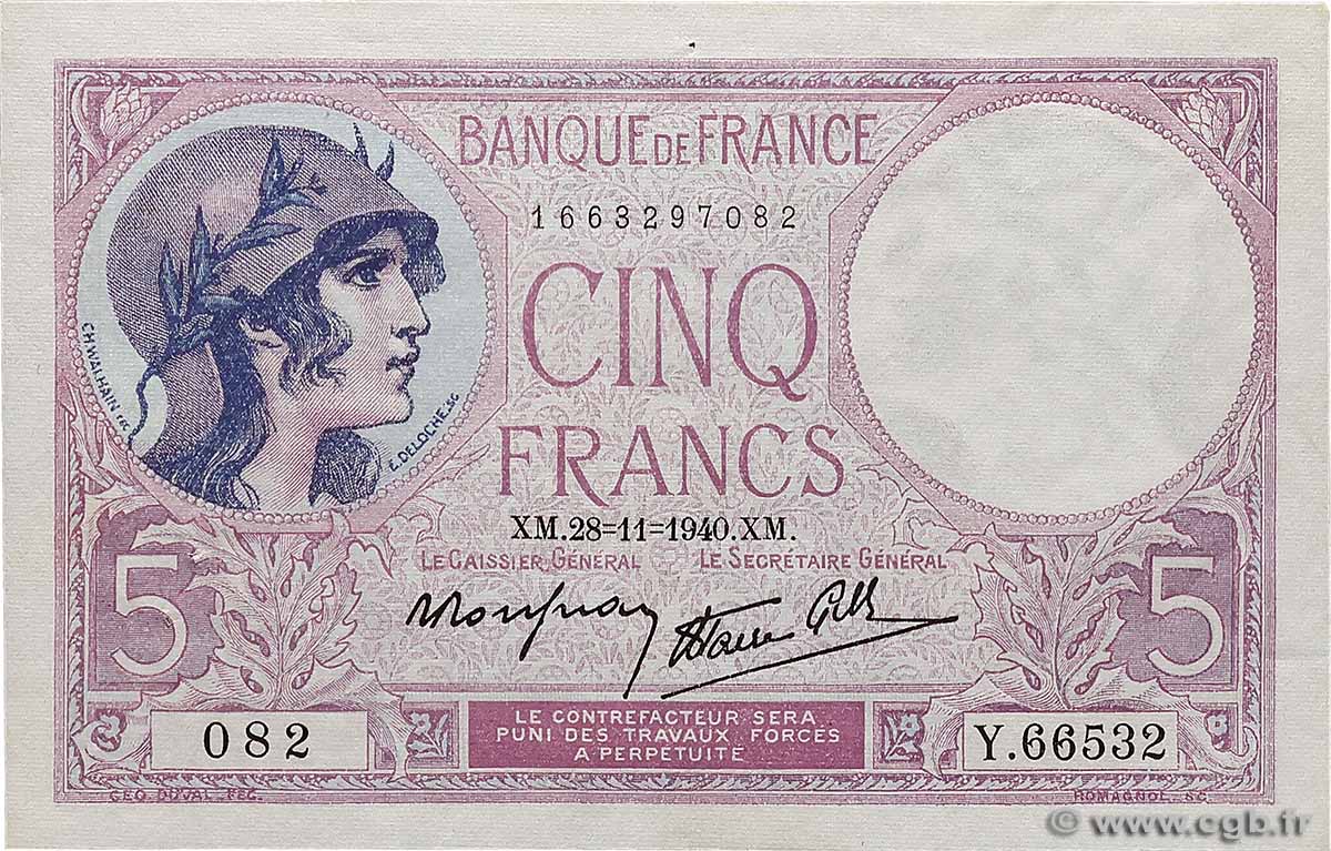 5 Francs FEMME CASQUÉE modifié FRANKREICH 1940 F.04.15 VZ