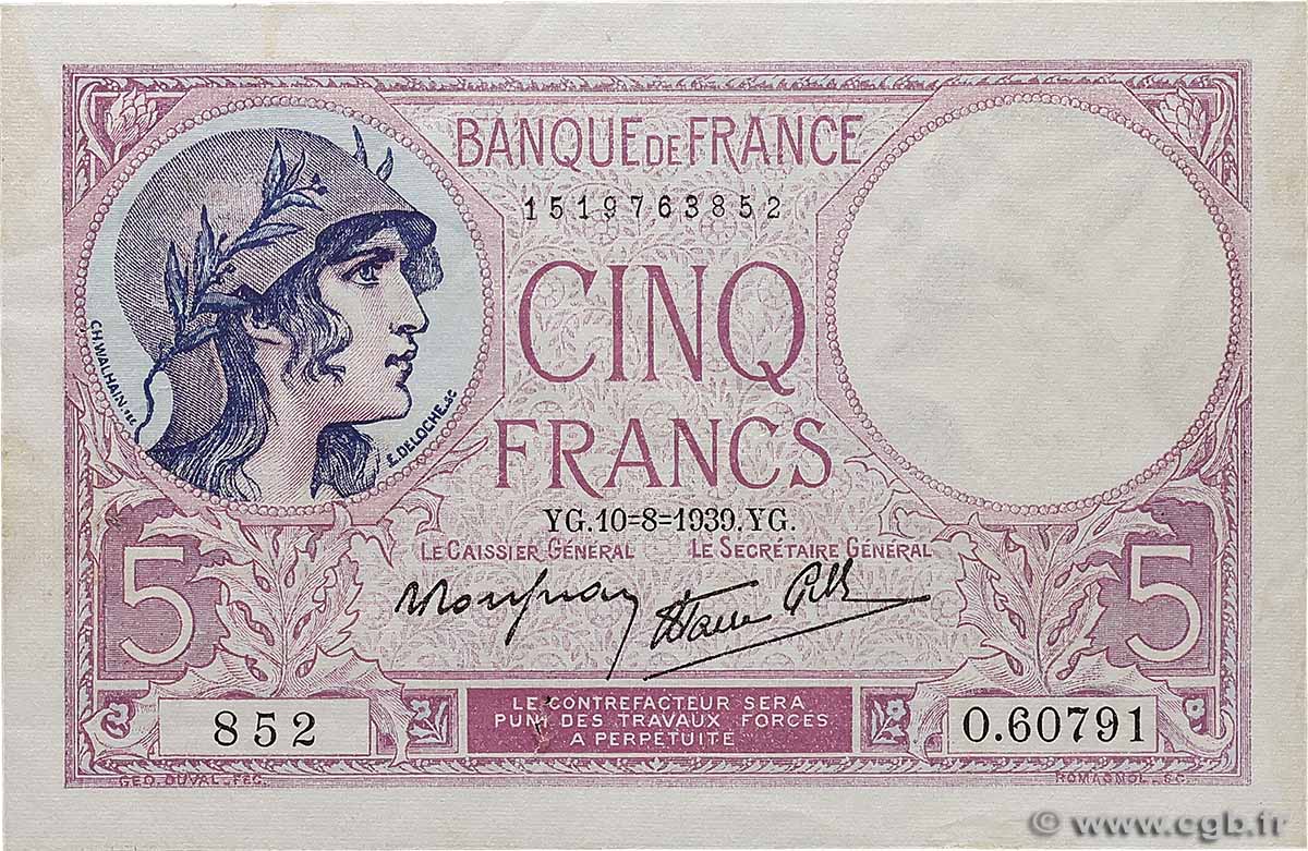 5 Francs FEMME CASQUÉE modifié FRANKREICH 1939 F.04.05 SS
