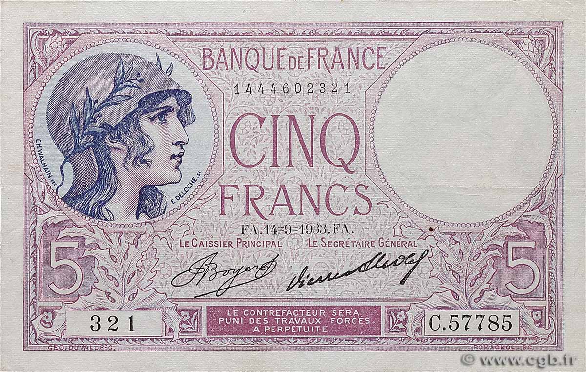 5 Francs FEMME CASQUÉE FRANKREICH 1933 F.03.17 S