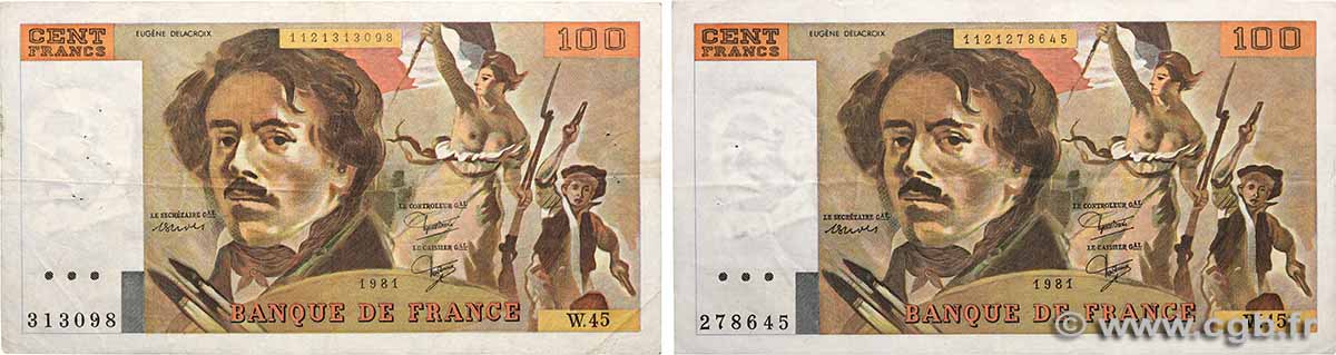 100 Francs DELACROIX modifié Lot FRANKREICH 1981 F.69.05 fSS