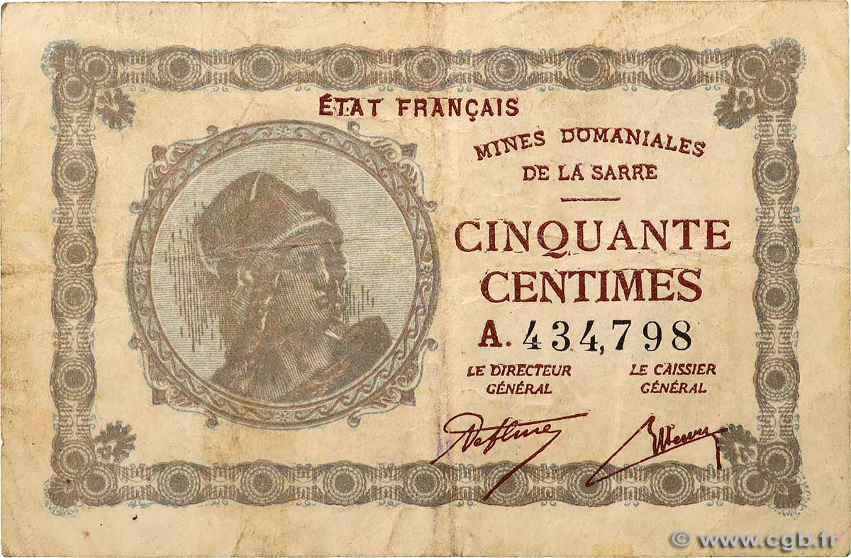 50 Centimes MINES DOMANIALES DE LA SARRE FRANKREICH 1920 VF.50.01 S