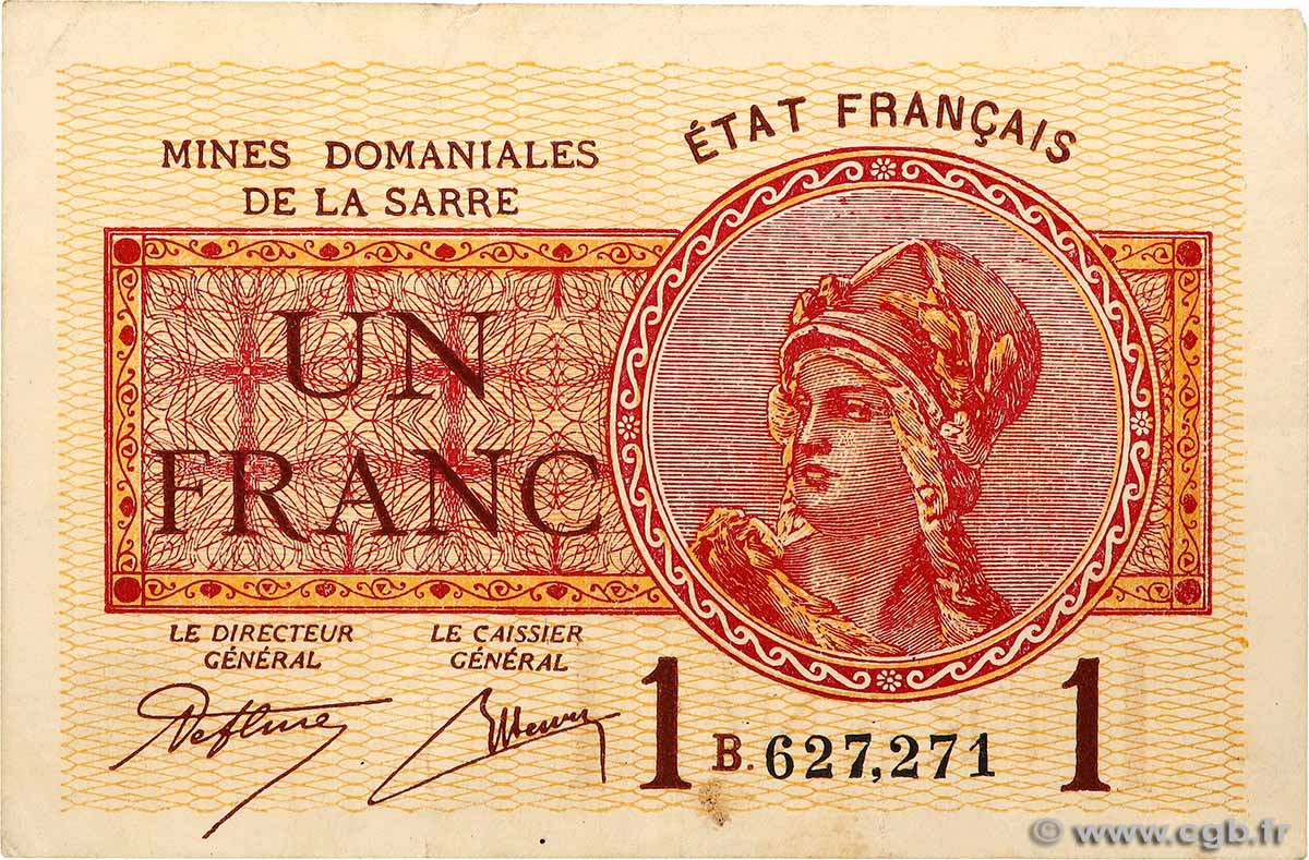 1 Franc MINES DOMANIALES DE LA SARRE FRANCE 1920 VF.51.02 TTB