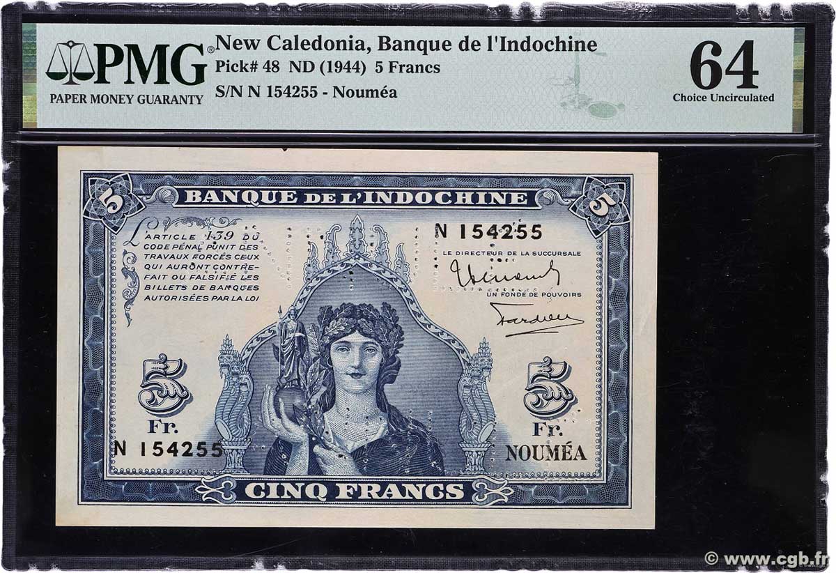 5 Francs Annulé NOUVELLE CALÉDONIE 1944 P.48 UNC-