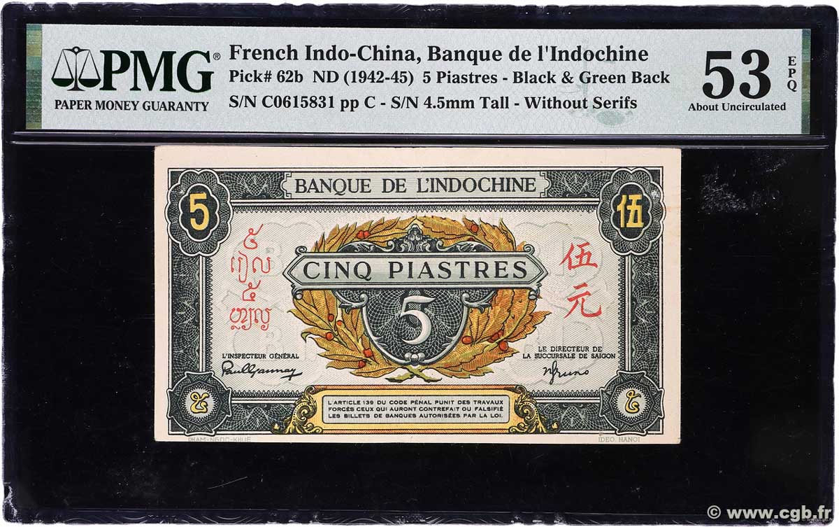 5 Piastres vert / gris vert INDOCHINE FRANÇAISE 1942 P.062b SUP+