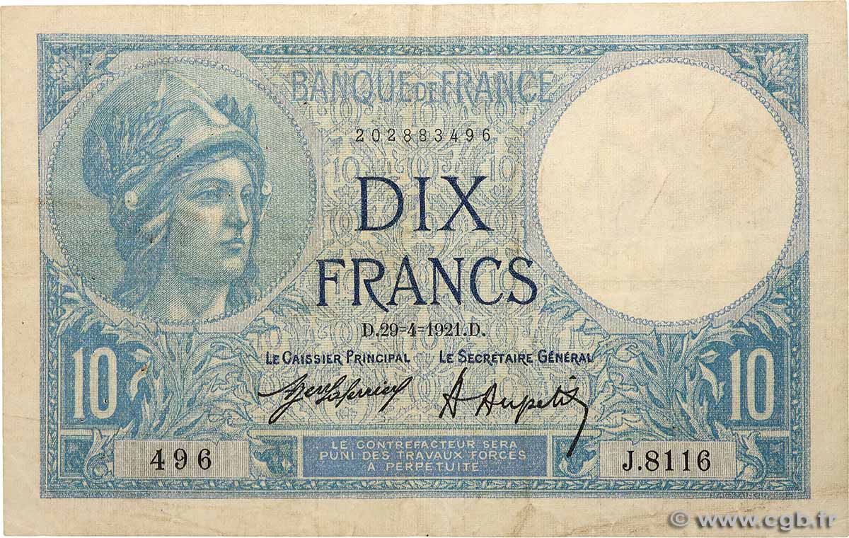 10 Francs MINERVE FRANCE 1921 F.06.05 F+