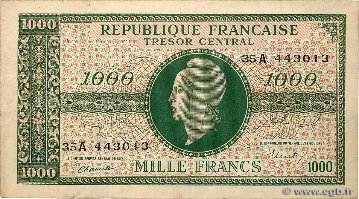 1000 Francs MARIANNE BANQUE D ANGLETERRE FRANKREICH 1945 VF.12.01 SS