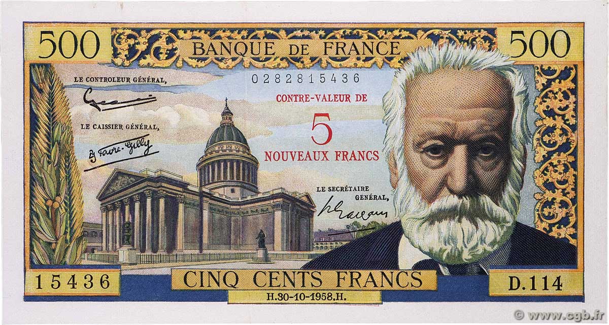 5 NF sur 500 Francs Victor HUGO FRANCE 1958 F.52.01 XF+