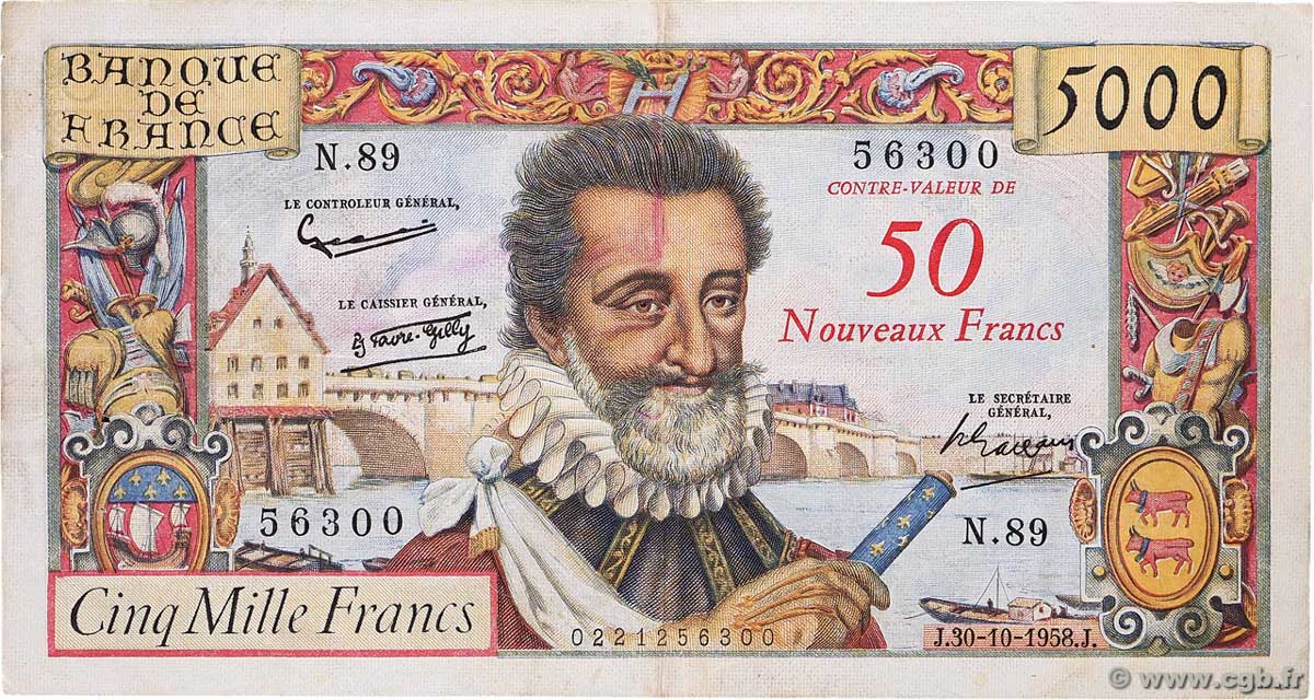 50 NF sur 5000 Francs HENRI IV FRANCE 1958 F.54.01 VF