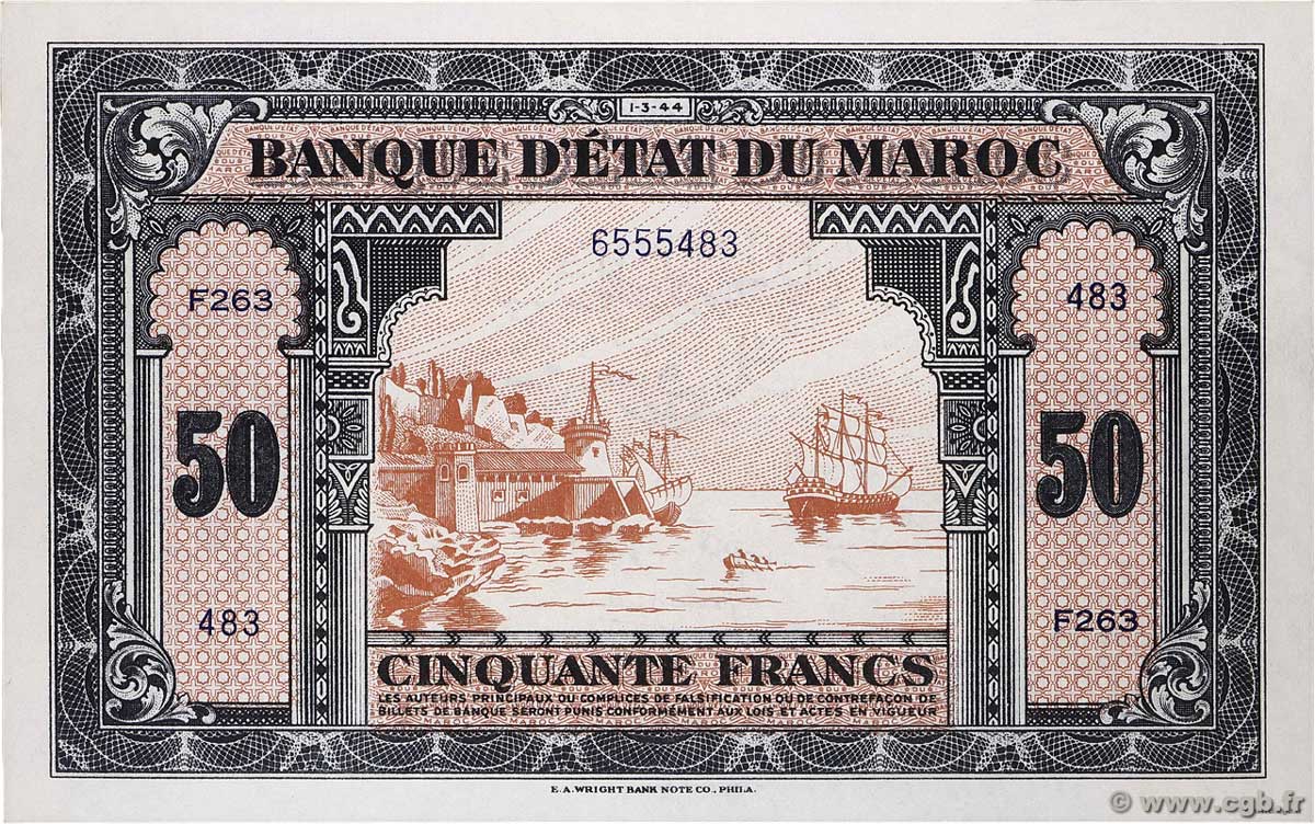 50 Francs MOROCCO 1944 P.26b XF+
