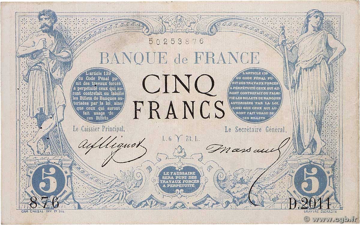 5 Francs NOIR FRANCE 1873 F.01.16 VF