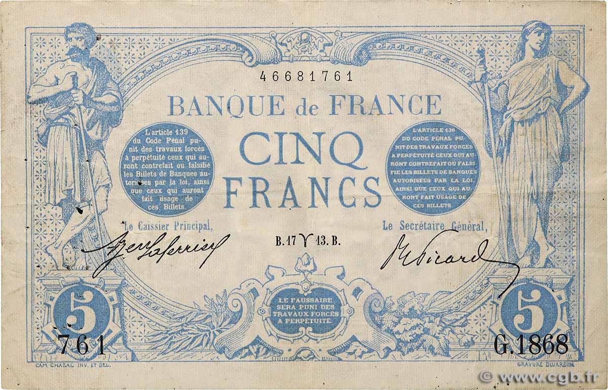 5 Francs BLEU FRANKREICH 1913 F.02.15 fSS