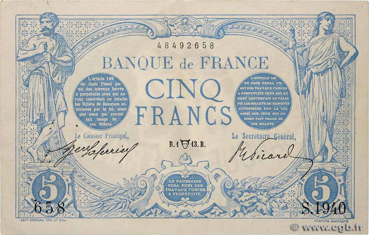 5 Francs BLEU FRANCE 1913 F.02.16 TTB+