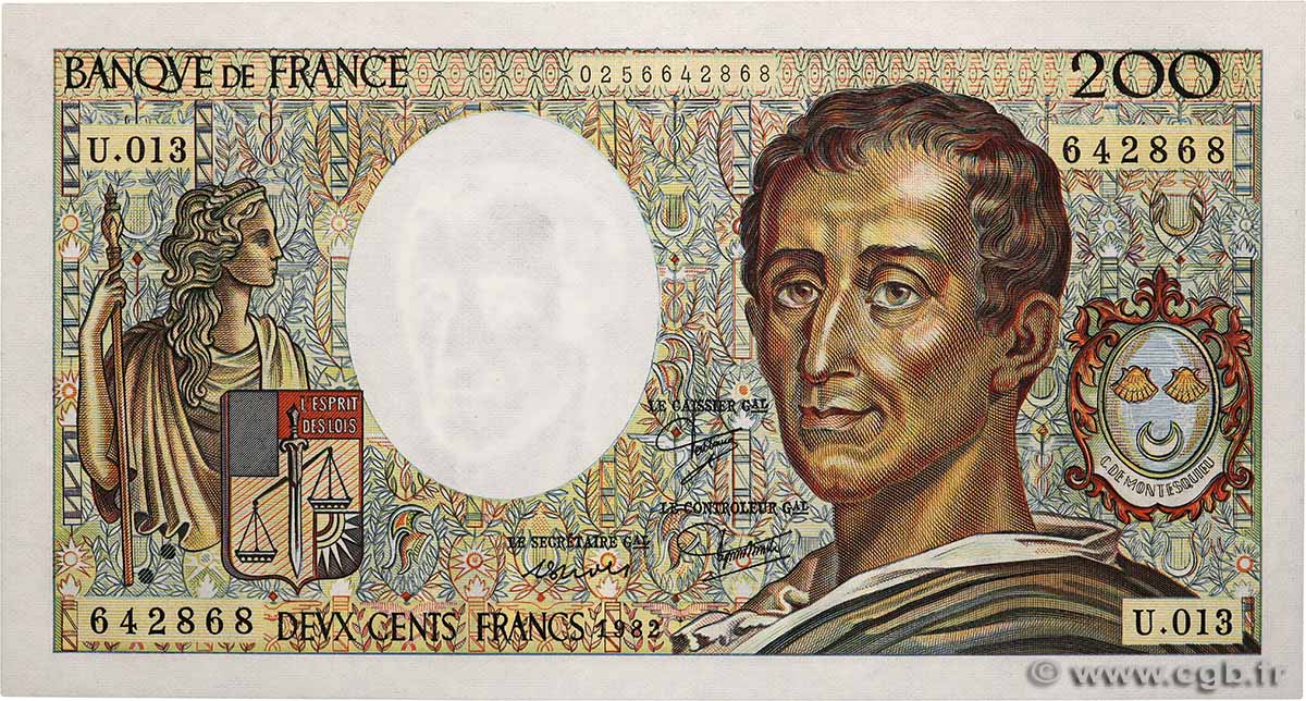 200 Francs MONTESQUIEU FRANKREICH 1982 F.70.02 fST+