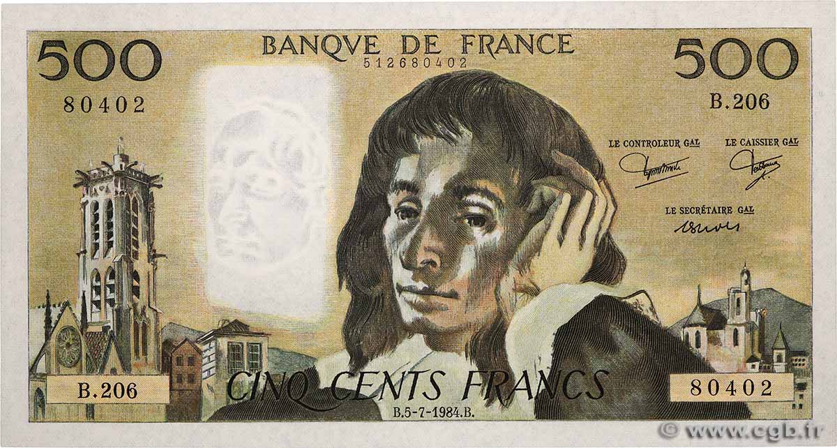 500 Francs PASCAL FRANKREICH 1984 F.71.31 fST+