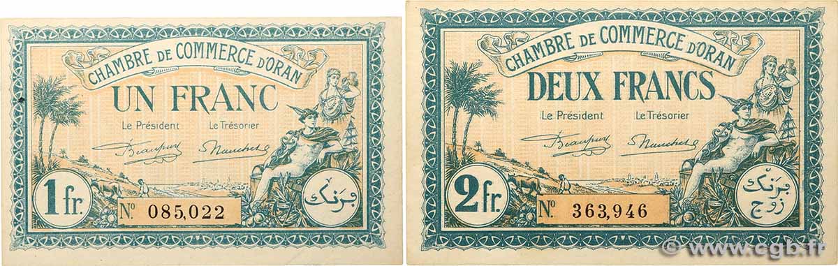 1 et 2 Francs Lot ALGERIEN Oran 1921 JP.141.27 et JP.141.29 fST+